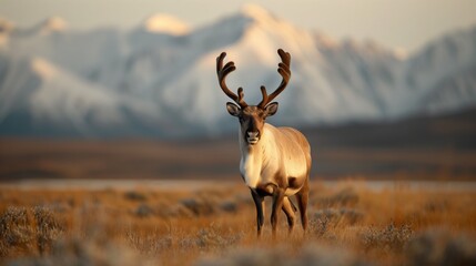 Fototapeta premium A caribou grazes in the Alaskan tundra, with snowy mountains in the distance