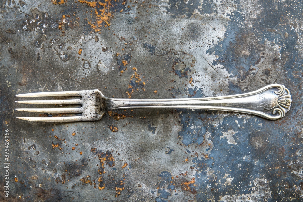Poster A close-up shot of a fork lying on a metal surface with visible rust