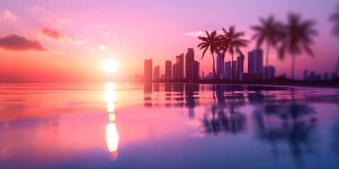 Vaporwaveinspired city skyline at sunset with silhouetted palm trees and reflective water. Concept Vaporwave Style, City Skyline, Sunset, Palm Trees, Reflective Water