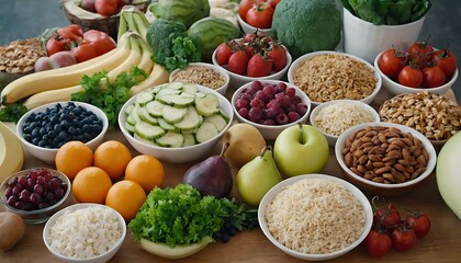 vibrant assortment of fresh fruits and vegetables on a wooden table. The different colors, shapes, and sizes of the produce create a visually appealing composition.