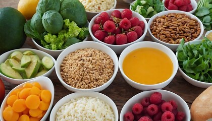 vibrant assortment of fresh fruits and vegetables on a wooden table.  The different colors, shapes, and sizes of the produce create a visually appealing composition.