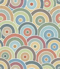 Geometric illustration of multicolor segmented concentric circles in mosaic style. Abstract retro design with vintage color. Seamless repeating pattern.
