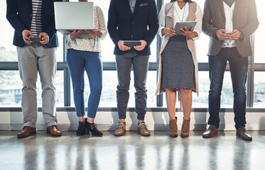 Group of people, technology and waiting room as candidates for job opportunity, hiring and...