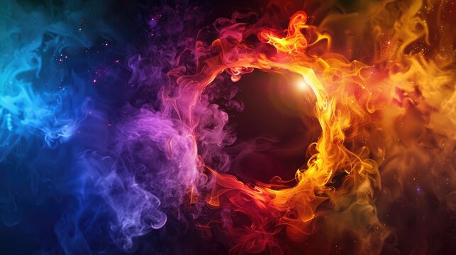 Smoke ring in vivid colors swirls into mystical portal with fiery blast and radiant aura on dark abstract backdrop