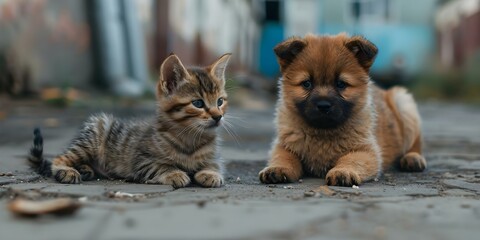 Stray cat and sad puppy on street need rescue and shelter help. Concept Animal Rescue, Stray Animals, Pet Welfare, Homeless Pets, Shelter Support