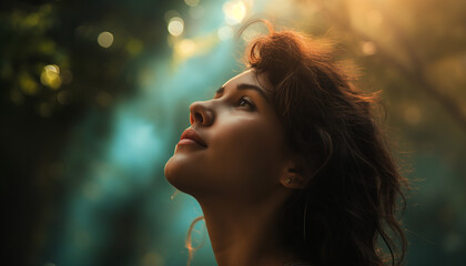 Woman looking up in a forest with sunlight filtering through trees creating a hopeful and serene atmosphere