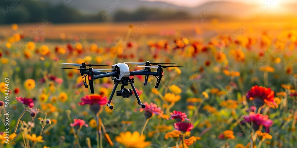 Poster hightech farming with drones and automated machinery for pollination and cultivation. concept highte
