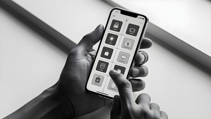 A hand holding a smartphone. On the screen, a unique and user-friendly smart home control app is open.