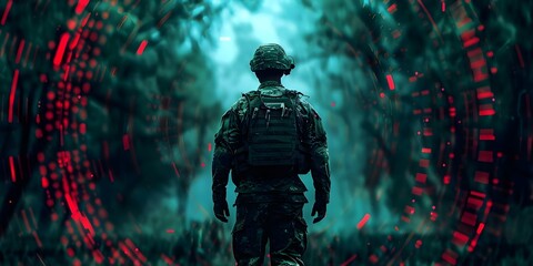 Global cyber security in military cyber warfare on digital battlefield overlay. Concept Military Cyber Warfare, Global Cyber Security, Digital Battlefield, Cyber Threats, Military Defense