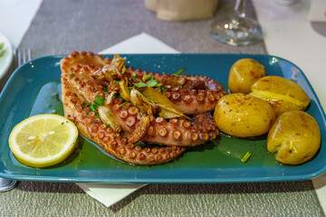 Grilled octopus with olive oil garlic sauce, served with potatoes
