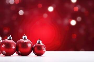 Christmas background with red baubles and bokeh lights.