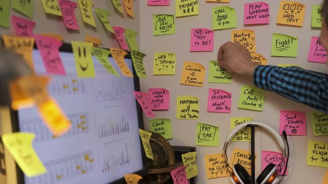 Man adding colorful papers with reminders on a wall covered in lots of sticky notes while working on computer at his desk