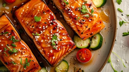 plate showing salmon and vegetables generative ai