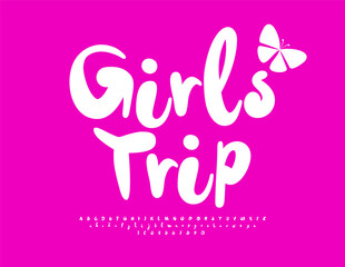 Vector funny logo Girls Trip.  Creative Playful Font. Cute White Alphabet Letters and Numbers set.