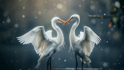 Two white herons touching beaks surrounded by sparkles and soft light creating a romantic and enchanting scene