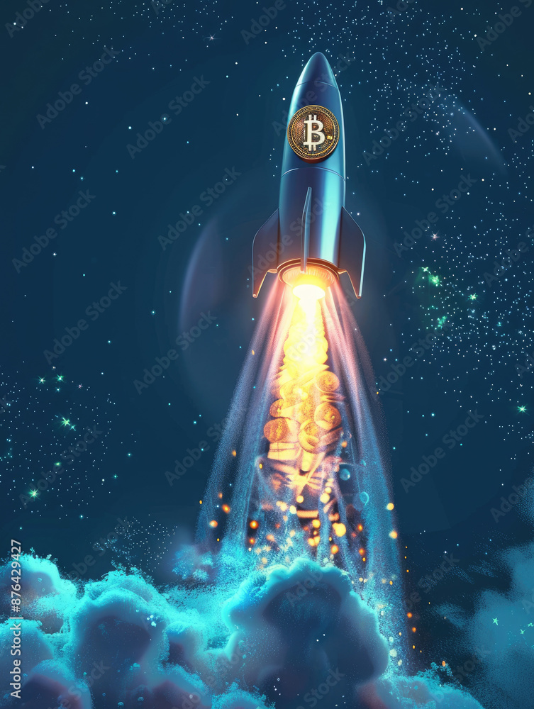 Poster bitcoin rocket launch - a bitcoin rocket blasting off into space, symbolizing the growth and potenti