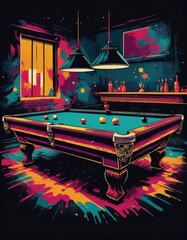 A whimsical and imaginative depiction of a billiards game, ideal for posters, apparel, and entertainment designs, perfect for t-shirts and prints