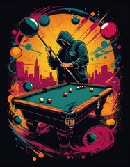 A whimsical and imaginative depiction of a billiards game, ideal for posters, apparel, and entertainment designs, perfect for t-shirts and prints