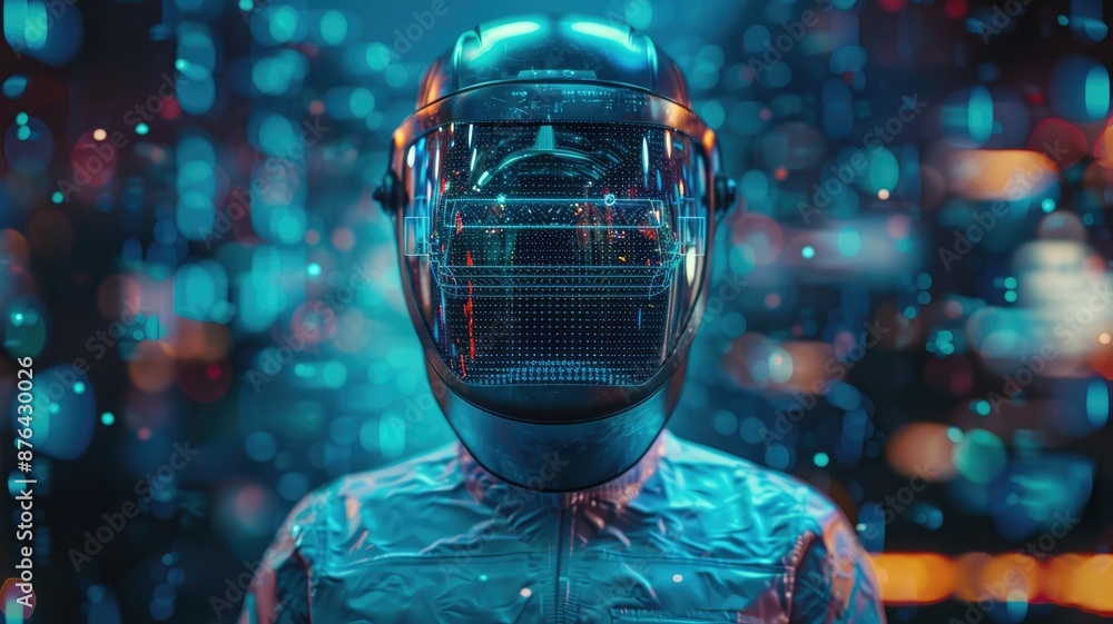 Poster futuristic helmet with digital display - a close-up of a futuristic helmet with a digital display sh
