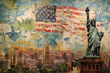 Obraz premium American Flag Collage - A colorful and abstract collage of the American flag, the Statue of Liberty, and the New York City skyline.