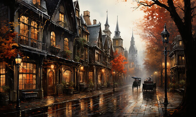 A street in a medieval town on a cloudy autumn day.