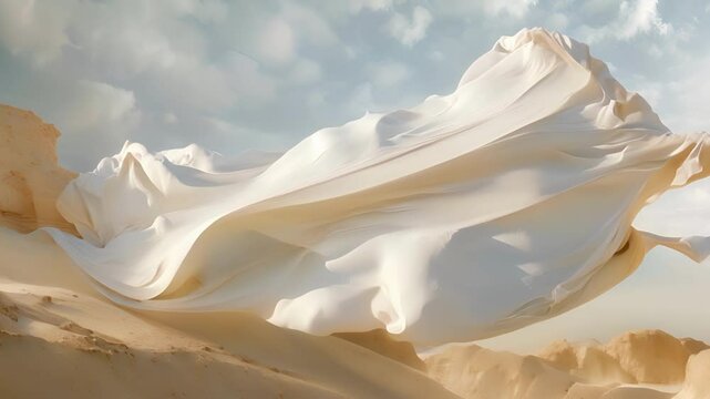 A piece of fabric is elegantly dd over a rugged desert dune creating a stark contrast between soft and harsh textures.