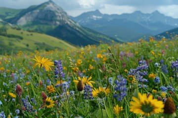 Fototapeta premium Wildflowers Blooming in a Mountain Meadow - A field of vibrant wildflowers blooms in a mountain meadow, with a backdrop of majestic mountain peaks.