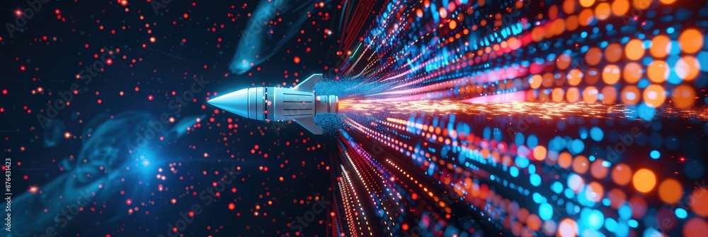 Poster rocket launch into digital space - a futuristic rocket launching into a digital space, filled with v