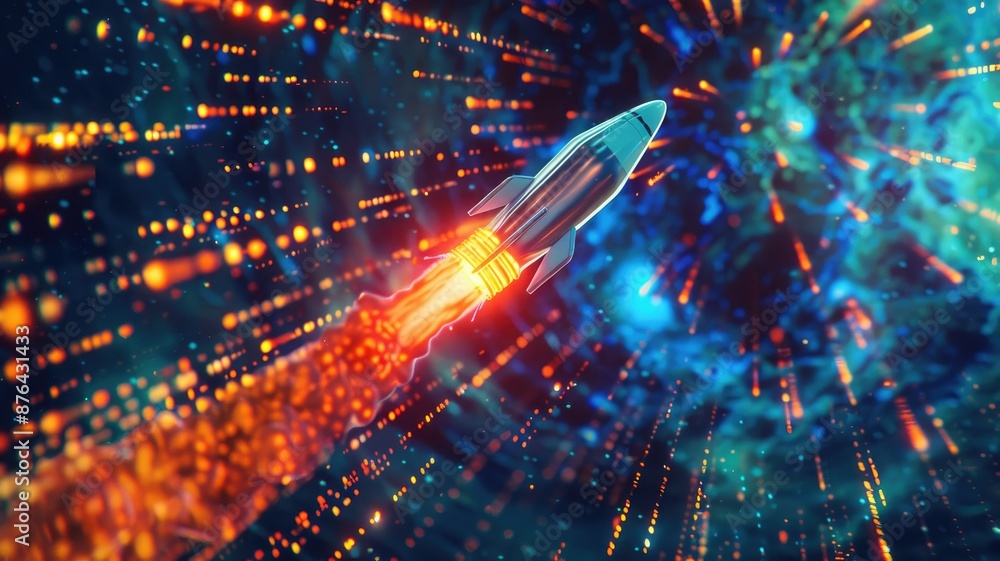 Poster rocket launch into the digital universe - a futuristic rocket blasting off into a digital universe, 