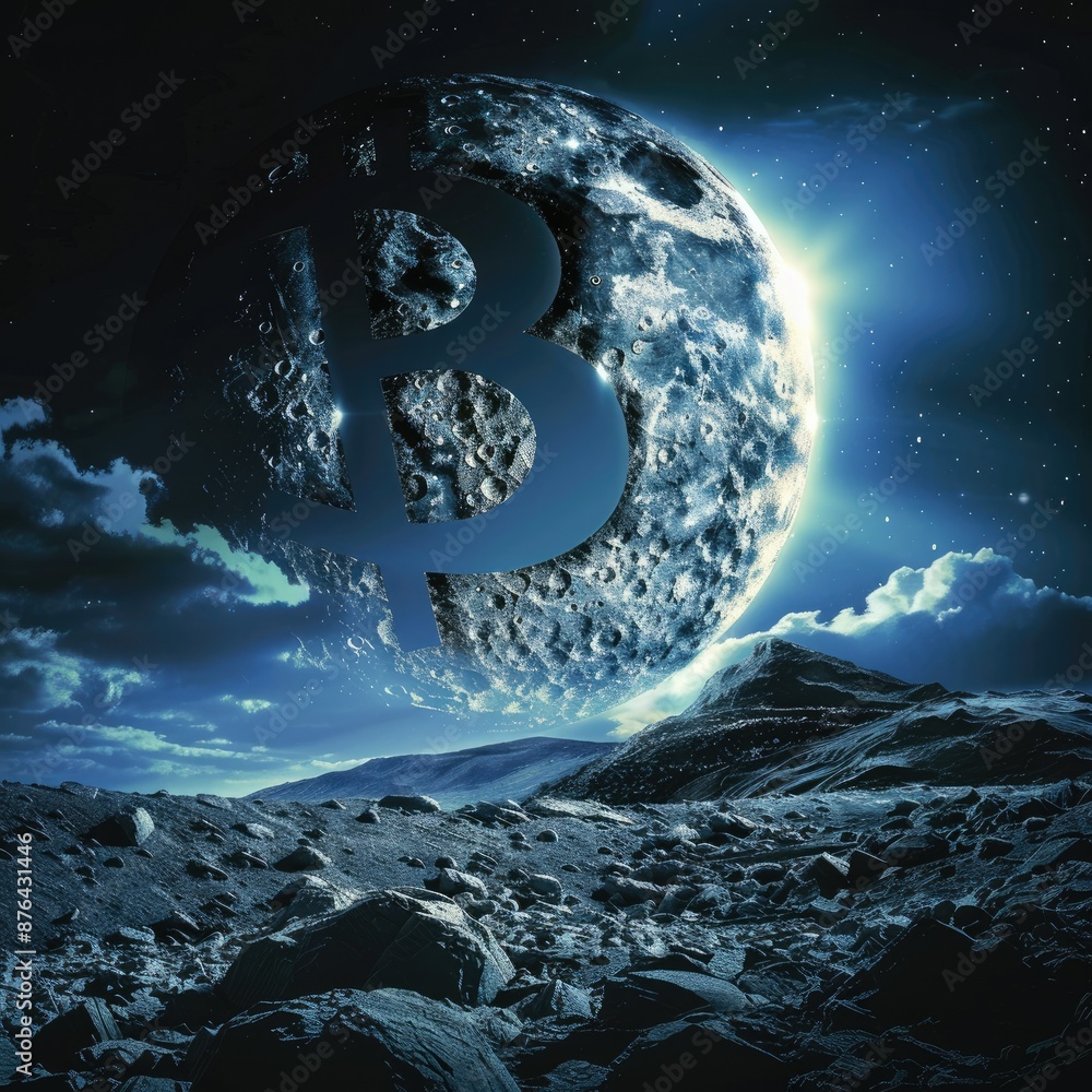 Poster bitcoin moon crypto symbol - a futuristic concept of bitcoin symbol on the moon surface, under the n