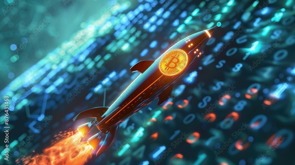 Poster bitcoin rocket launch - a futuristic rocket with a bitcoin symbol on its side blasts off against a b