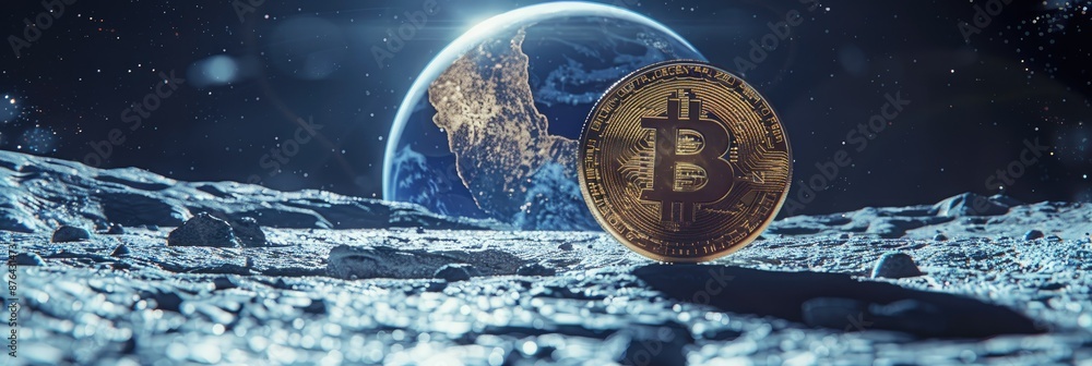 Poster bitcoin on the moon, digital currency in space - a golden bitcoin coin sits on the surface of the mo