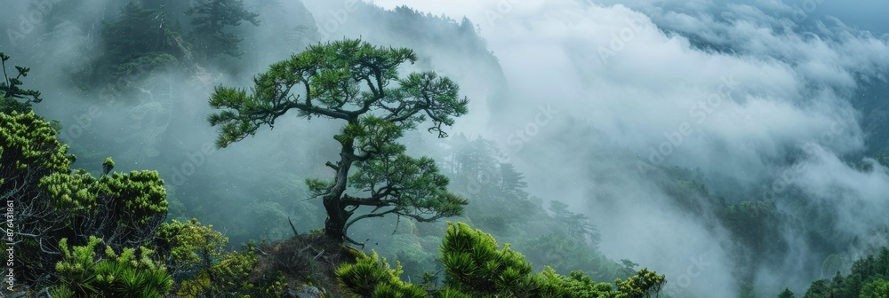 Poster lone tree in a misty mountain landscape - a lone tree stands tall on a misty mountainside, surrounde
