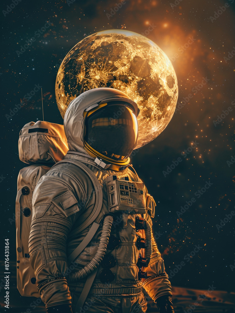 Poster astronaut on the moon - a lone astronaut in a white spacesuit stands against a backdrop of a golden 