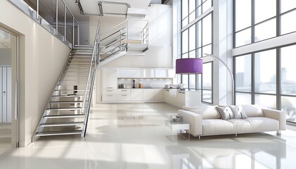 Contemporary studio design in white and beige with a pristine kitchen and lounge area, steel stairs, and a purple lamp, complemented by large windows.