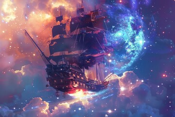 A Ship Sailing Through a Starry Sky - A majestic ship sails through a vast, starry sky, filled with vibrant colors and nebulae. The ship appears to be navigating through a cosmic landscape, creating a