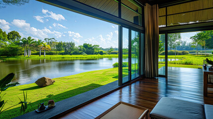 Luxury Villa with Lake View, Rice Paddy Field, Infinity Pool, Tropical Garden, and Blue Sky Perfect Vacation Destination in Asia