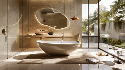 Luxury Modern Bathroom Design with Oval Shaped Bathtub, Large Window Overlooking Tropical Garden, and Unique Mirror Design