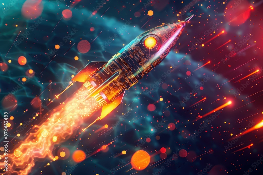 Poster rocket launch - a rocket is blasting off into space leaving a fiery trail behind it.