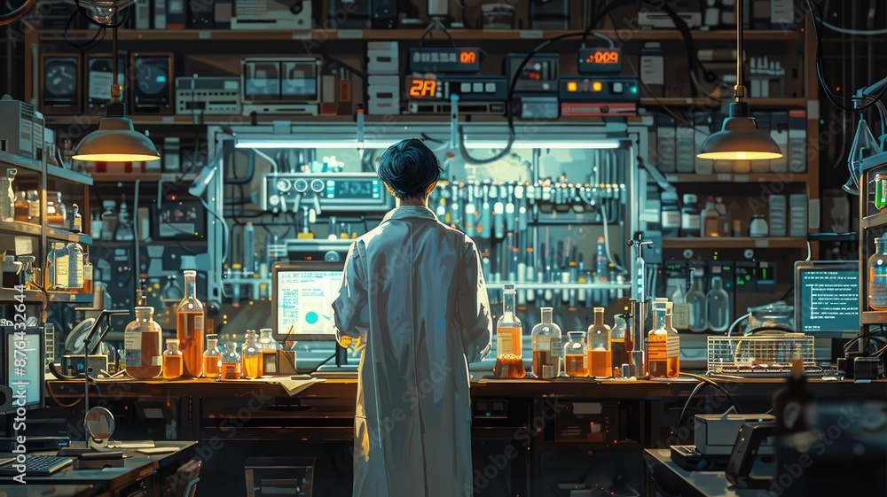 Poster scientist working in a laboratory - a scientist working in a laboratory, surrounded by chemicals and