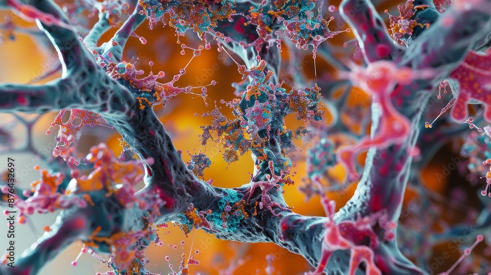 Poster intricate 3d microscopic rendering of neuronal complexity with abundant text space