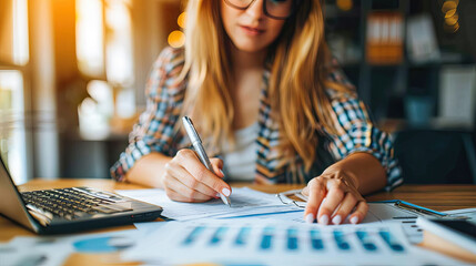 Fototapeta premium Young Businesswoman Working With Financial Documents at Home Office, Calculating Monthly Expenses and Bills, Startup Owner Businesswoman Analyzing Business Graphs Charts at Workplace