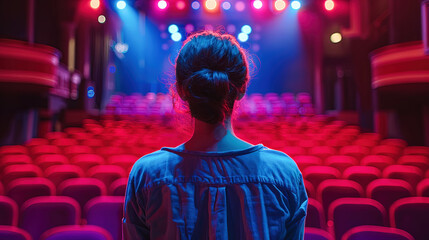 Obraz premium Woman Standing Alone in Empty Theatre with Red Seats and Blue Stage Lights