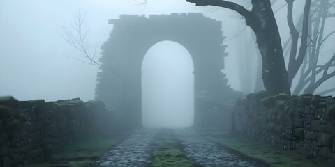Fototapeta premium Misty ancient ruins with overgrown paths and mysterious fog create a sense of mystery. Concept Ancient Ruins, Overgrown Paths, Mysterious Fog, Mystery Theme