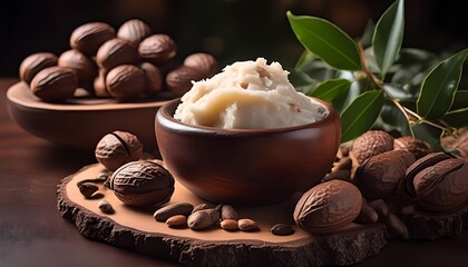 Realistic Shea Butter in Wooden Bowl with Nuts and Leaves
