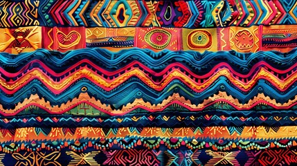 A vibrant ethnic textile pattern with rich colors and intricate designs highlights cultural heritage.