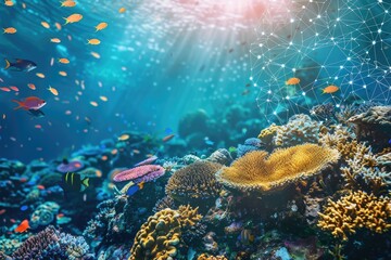 Fototapeta premium Underwater Coral Reef with Fish and Network Pattern - A vibrant underwater scene showcasing a coral reef teeming with fish and a network pattern overlay, highlighting the interconnectedness of the mar