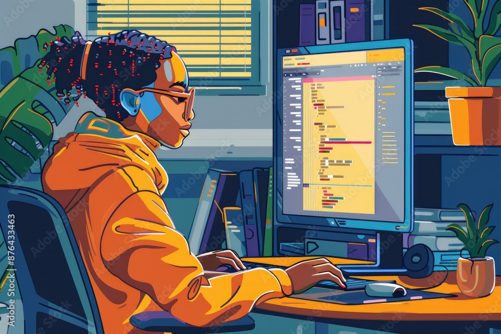 Poster woman coding in home office - a woman sits at a desk in a home office, focused on her computer scree
