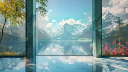 Fototapeta premium Window View of Mountain and Lake - A window view of a serene mountain lake with snowy peaks reflecting on the calm water.