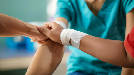 A person applying a bandage to another person's arm, showing proper first aid techniques.